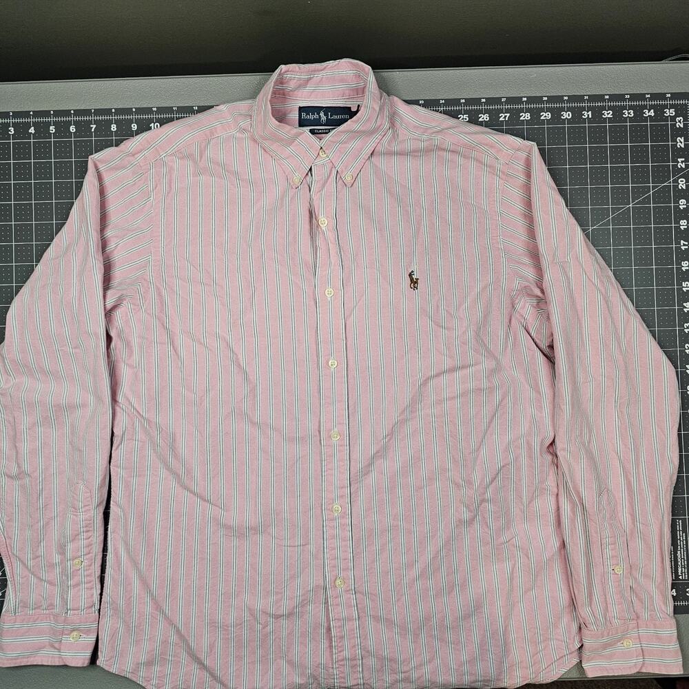 Polo Ralph Lauren Shirt Large Pink Striped Classic Fit Preppy Academia Dress